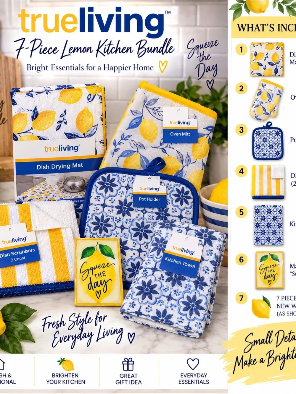 TrueLiving Lemon 7-Piece Kitchen Linen Bundle - Yellow & Blue